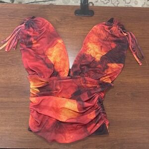 Windsor Halter Top Small Red Orange Abstract Ruched Tie Shoulder MT750T9-3-4